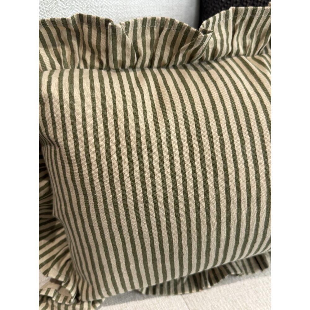 New Cottage Farmhouse Vintage Olive Green Stripe Ruffle Lumbar Accent Pillow - Picture 4 of 13